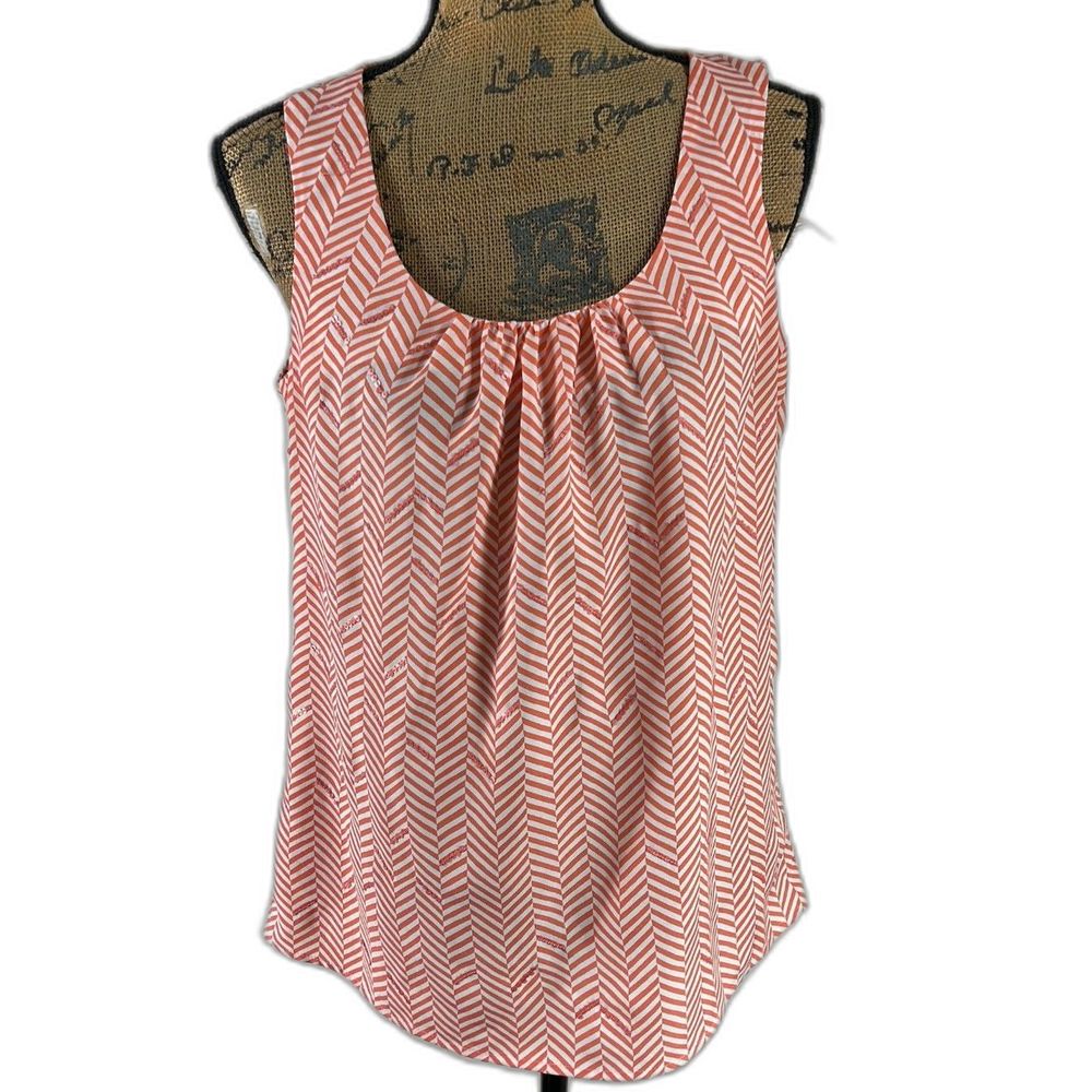 LOFT Top Size M Orange White Chevron‎ Stripe Sequin Sleeveless Blouse Shell